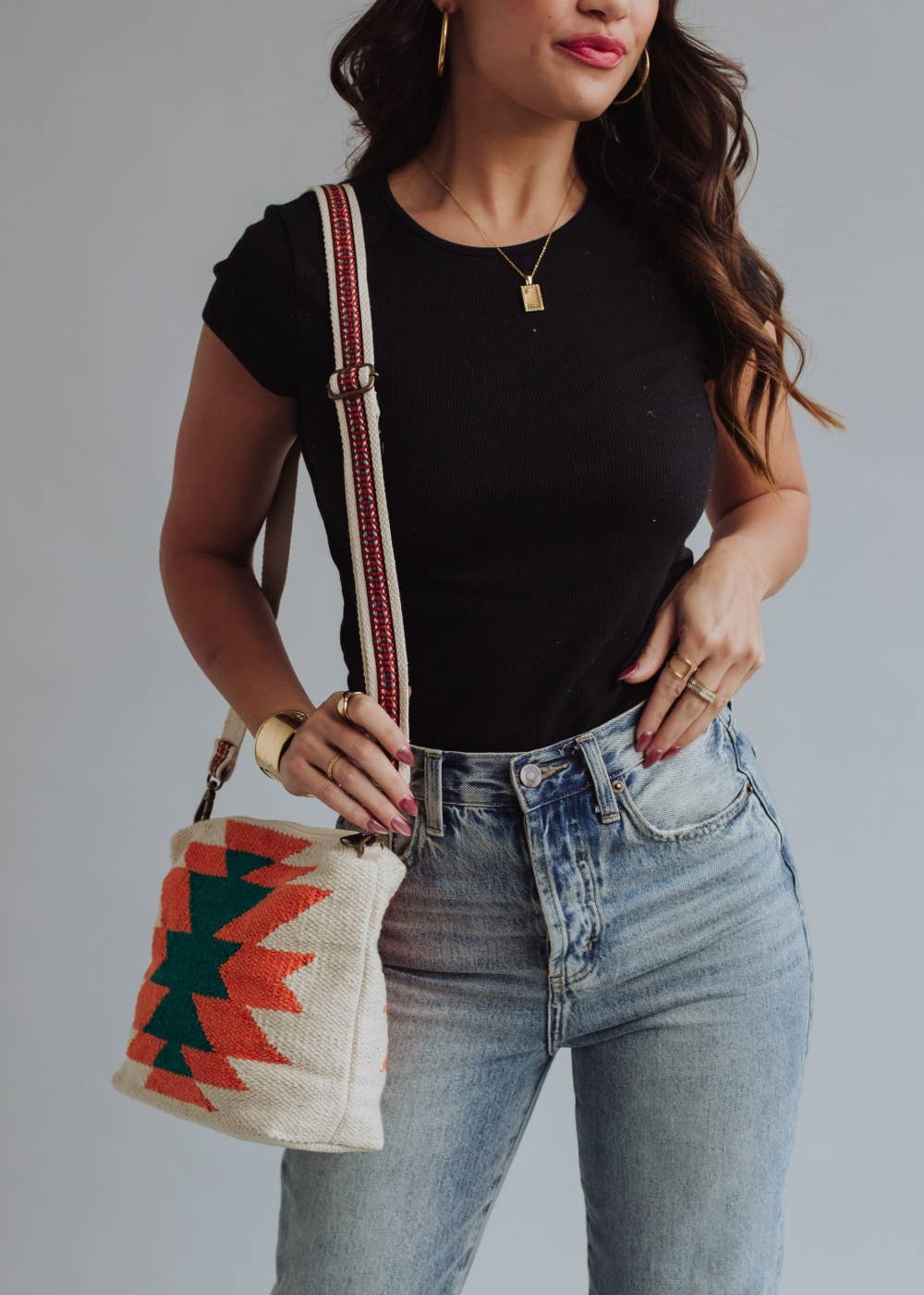 Beige, Orange & Green Aztec Crossbody
