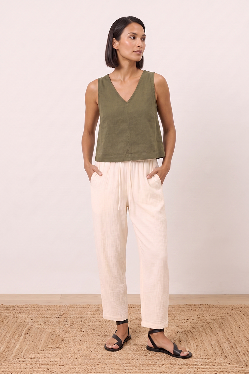 Linen Wide Strap Cross Back Tank Top in Brown