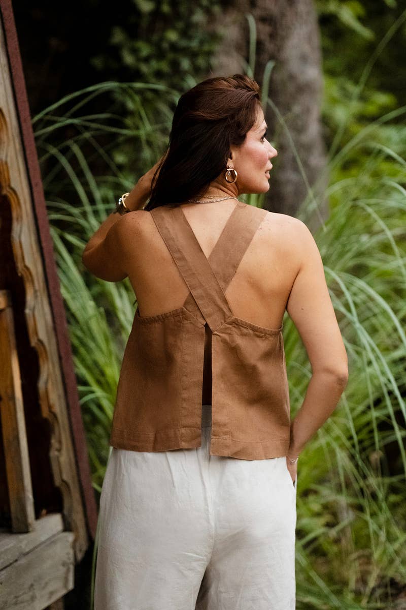 Linen Wide Strap Cross Back Tank Top in Brown