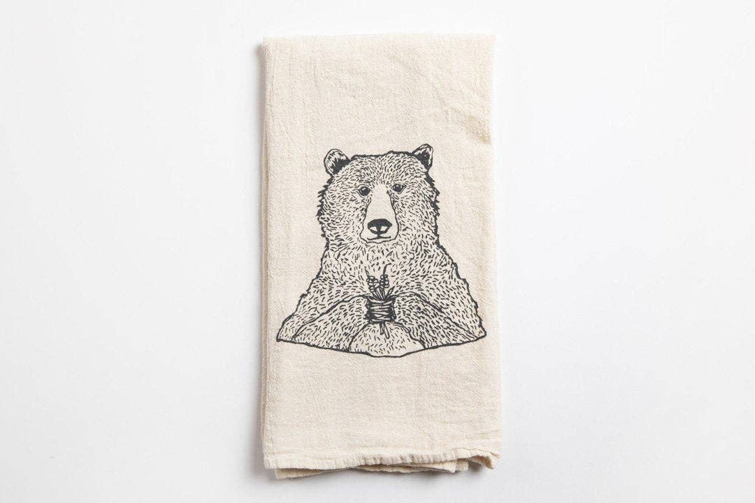 Bear Holding Flowers Tea Towel