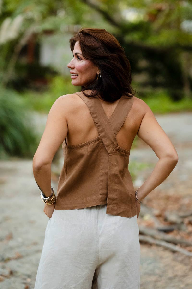 Linen Wide Strap Cross Back Tank Top in Brown
