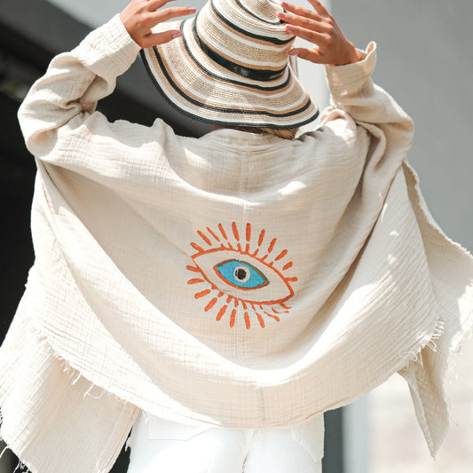 Cream Retro Evil Eye Muslin Kimono Robe / Poncho