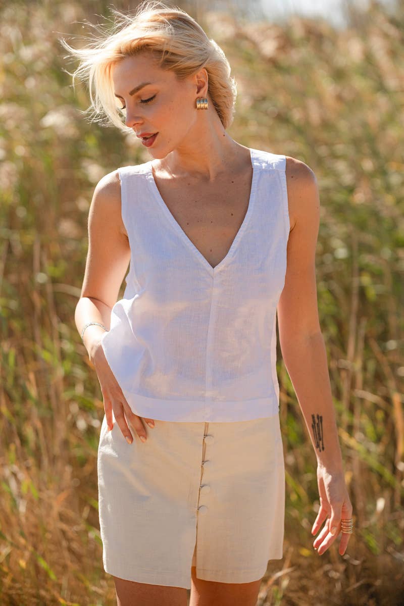 Linen Wide Strap Cross Back Tank Top in Brown