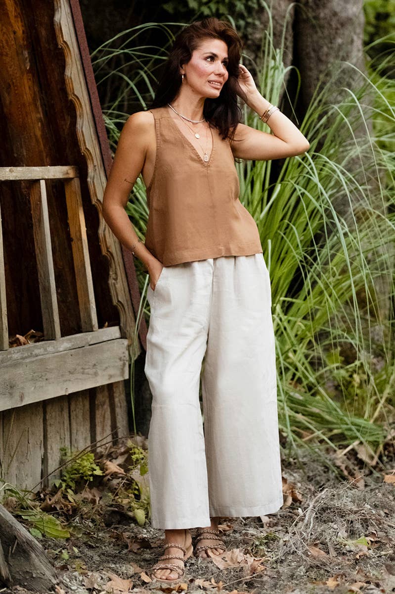 Linen Wide Strap Cross Back Tank Top in Brown
