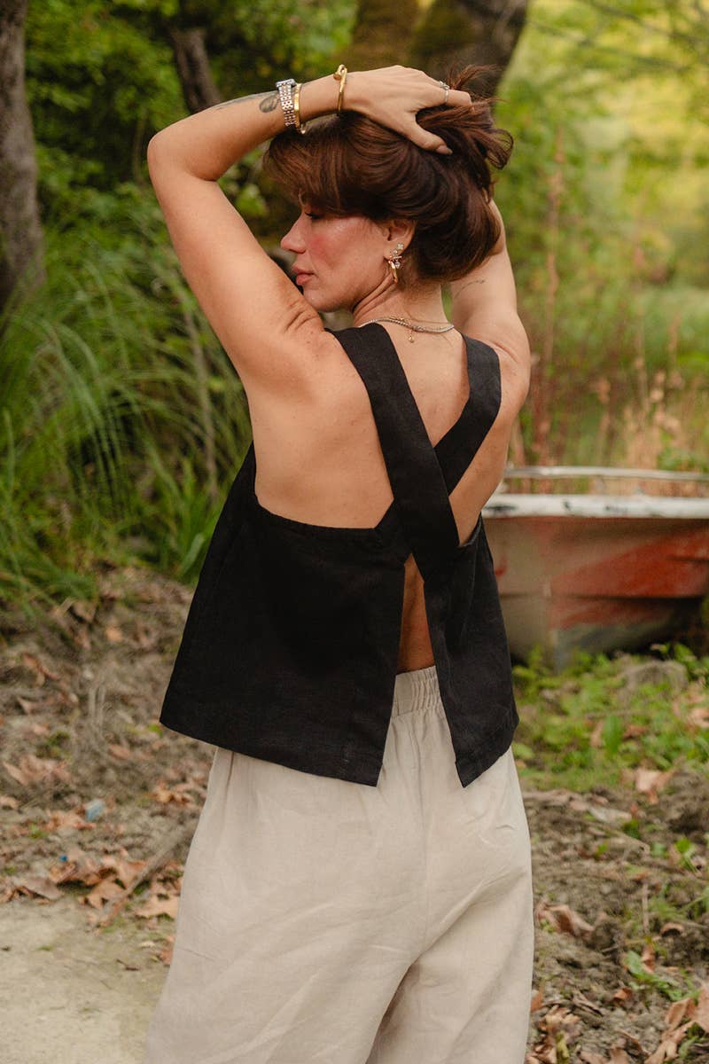 Linen Wide Strap Cross Back Tank Top in Brown