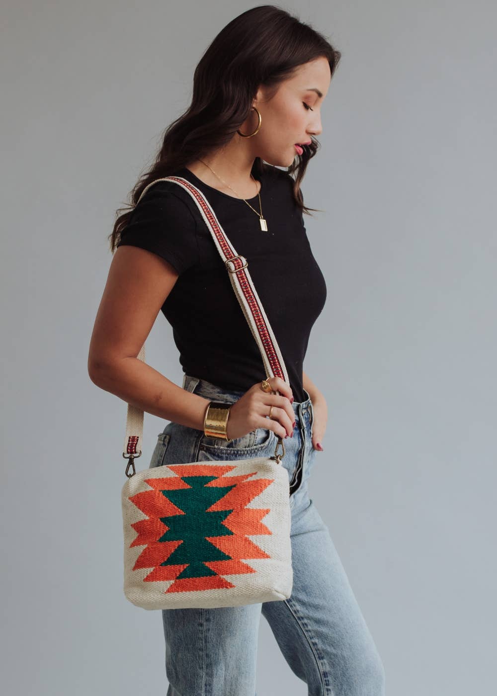Beige, Orange & Green Aztec Crossbody