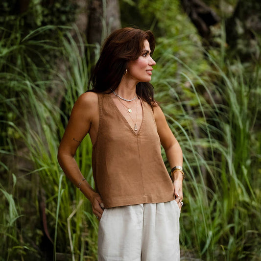 Linen Wide Strap Cross Back Tank Top in Brown