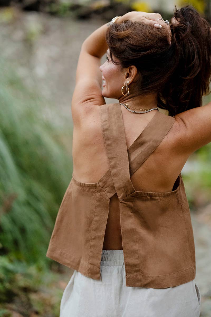 Linen Wide Strap Cross Back Tank Top in Brown