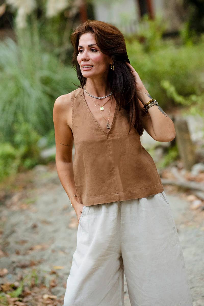 Linen Wide Strap Cross Back Tank Top in Brown