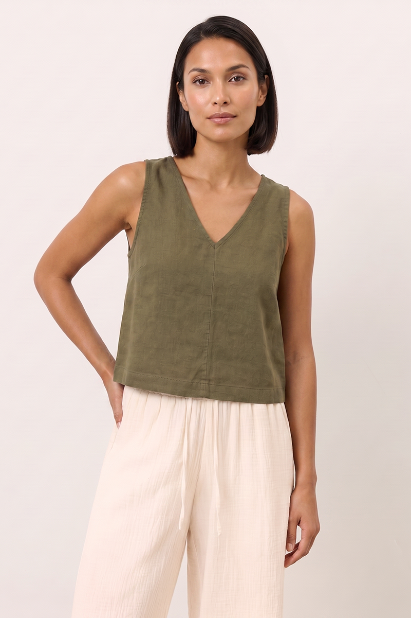 Linen Wide Strap Cross Back Tank Top in Brown