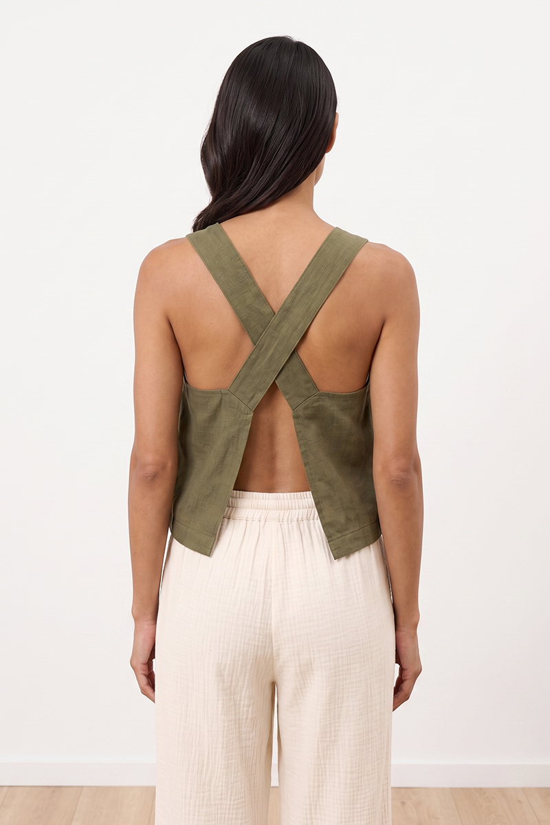 Linen Wide Strap Cross Back Tank Top in Brown