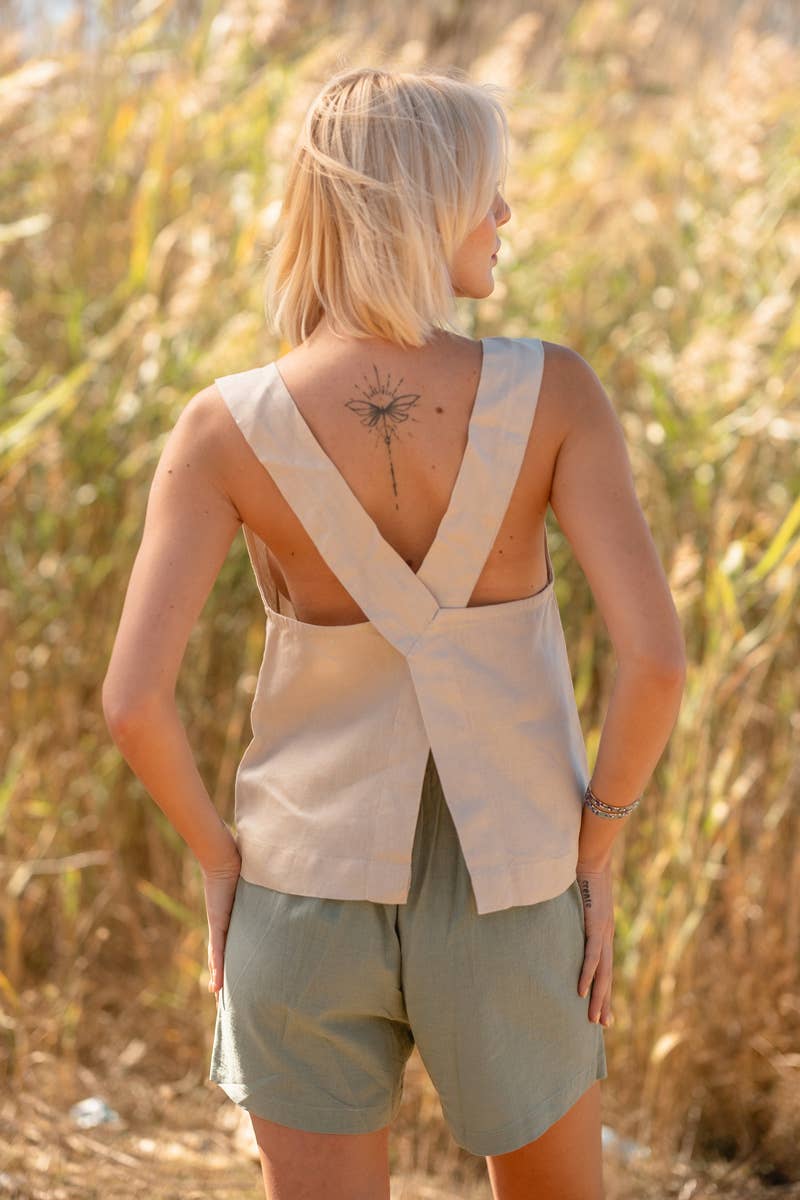 Linen Wide Strap Cross Back Tank Top in Brown
