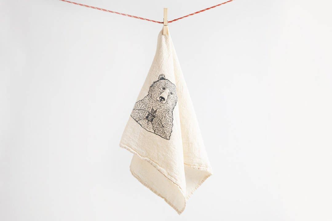Bear Holding Flowers Tea Towel