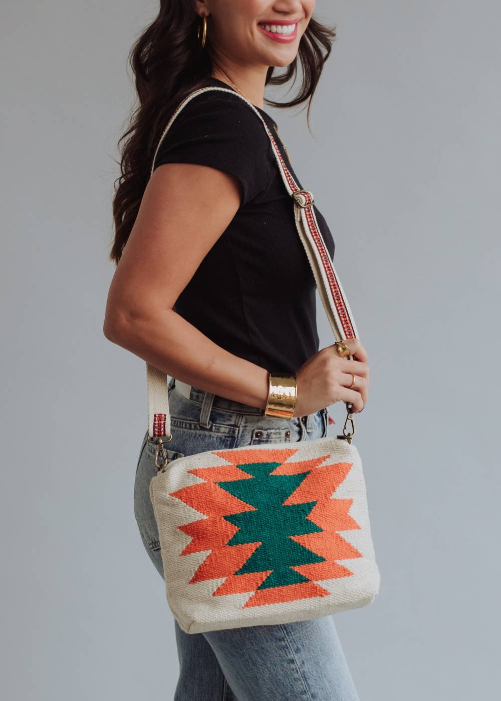 Beige, Orange & Green Aztec Crossbody