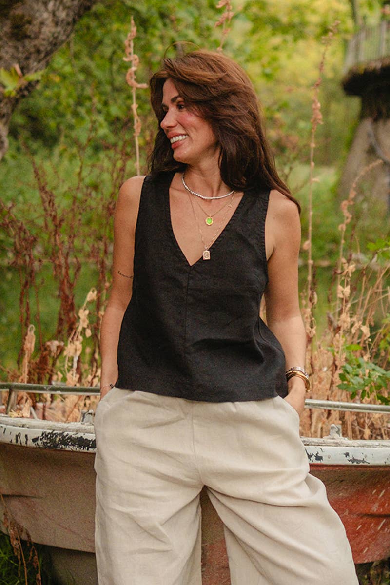 Linen Wide Strap Cross Back Tank Top in Brown